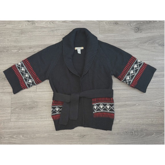 Love Change Sweaters - Love Change Cardigan Sweater Womens‎ S Black Aztec Print Open Front Belted